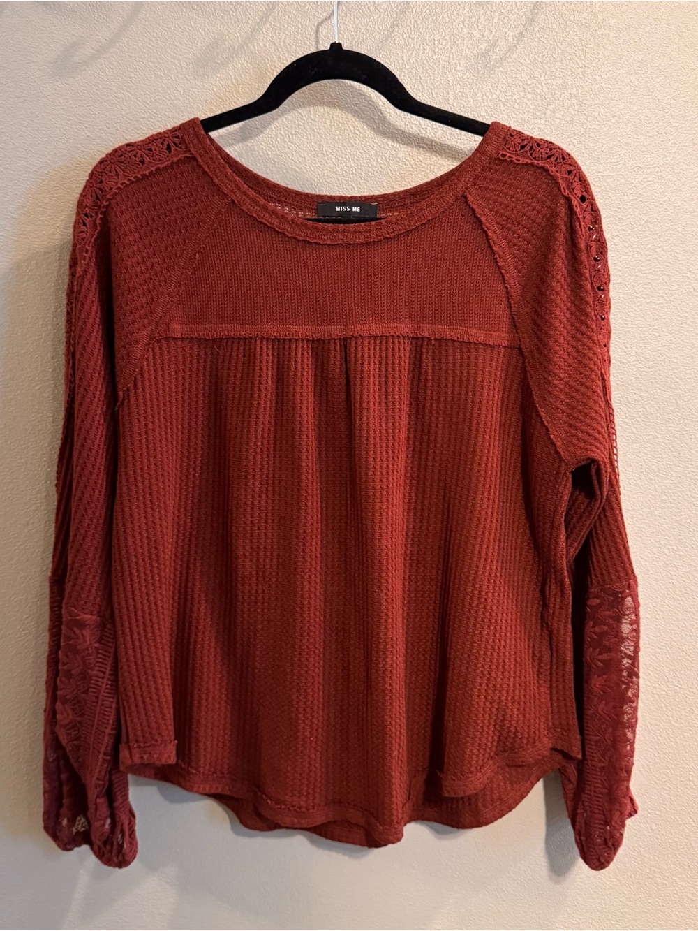 Miss Me Brick Red Lace Accent Waffle Knit Pullover